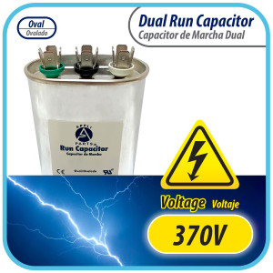 Appli Parts Dual Run Capacitor for ac 55+5 Mfd uF (microfarads) 370VAC CBB65 Oval Universal fit for hvac and other applications 2-3/4in Wide 1-3/4in Depth 5-1/4in High CON-55/5-370