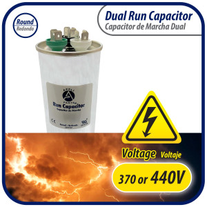 Appli Parts Dual Run Capacitor for ac 55+5 Mfd uF (microfarads) 370VAC or 450VAC CBB65 Round Universal fit for hvac and other applications 5-1/8 in High 2 in Wide CON-55/5-450