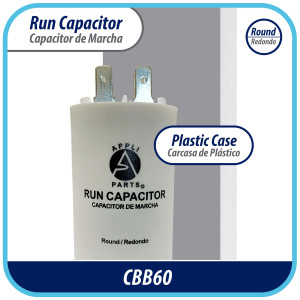 Appli Parts Condensador Capacitor de Marcha 40 Mfd uF (microfaradios) 250VAC CBB60 Cuerpo plastico para bombas de agua y otras aplicaciones Redondo UL E476928 10.8 cm Alto 4.5 cm Ancho CON-40-250-P