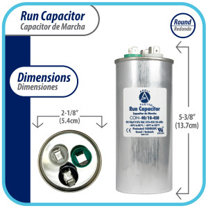 Appli Parts CON-40/10-450 Dual Run Capacitor for ac 40+10 Mfd uF (microfarads) 370VAC or 450VAC CBB65 Round Universal fit for hvac and other applications 5-3/8 in High 2-1/8 in Wide