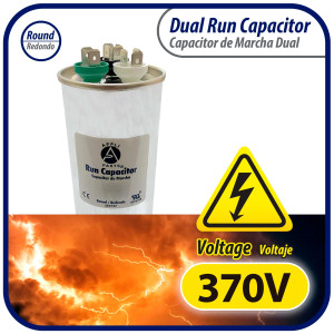 Appli Parts Dual Run Capacitor for ac 60+7.5 Mfd uF (microfarads) 370VAC CBB65 Round Universal fit for hvac and other applications 2-1/8 in Wide 5-3/8 in Height CON-60/7.5-370-R  