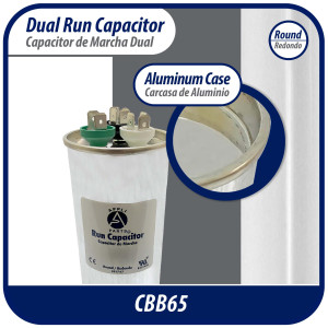 Appli Parts Dual Run Capacitor for ac 60+7.5 Mfd uF (microfarads) 370VAC CBB65 Round Universal fit for hvac and other applications 2-1/8 in Wide 5-3/8 in Height CON-60/7.5-370-R  