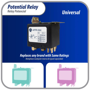 Appli Parts APPR-064 Relay Potencial 064, Voltaje de Bobina 395 V, Recogida Minima 260 V, Recogida Maxima 275 V, Caida Maxima 120 V, 50/60Hz Remplazo universal para unidades de refrigeracion y aire acondicionado