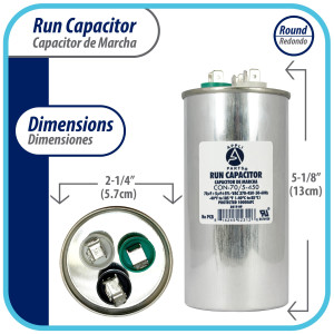 Appli Parts Dual Run Capacitor for ac 70+5 Mfd uF (microfarads) 370VAC or 450VAC CBB65 Round Universal fit for hvac and other applications 5-1/8 in High 2-1/4 in Wide CON-70/5-450