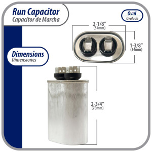 Appli Parts Run Capacitor for ac 7.5 Mfd uF (microfarads) 370 VAC or 450 VAC CBB65 Oval Universal fit for hvac and other applications 2-3/4in H 1-3/8in W 2-1/8in L CON-7.5-450-O
