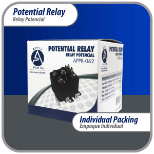Appli Parts APPR-062 Relay Potencial 062, Voltaje de Bobina 395 V, Recogida Minima 180 V, Recogida Maxima 195 V, Caida Maxima 100 V, 50/60Hz Remplazo universal para unidades de refrigeracion y aire acondicionado