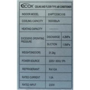 Ceiling/Floor 36.000btu R410 230v/60hz/1ph Ecox Inverter EIHPTC036CXXB (Only With Eihcu036cxxb)