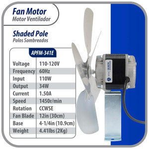 Appli Parts APFM-341E 34W Condenser and Evaporator Fan Motor 115V 60Hz 1.5A, Includes 12in Aluminum Fan Blade and Mounting Base, Universal Replacement for Commercial Refrigeration Units