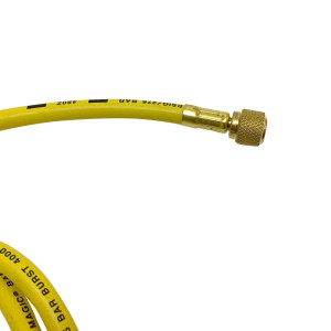 Uniweld H6BVY Manguera Manometro 72 pulg, Amarilla, Conector Curvo 45, con Llave de Paso, conector 1/4 pulg