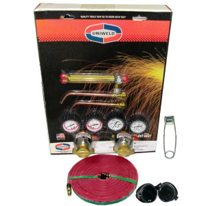 Uniweld Welding Outfit K24 Includes: Welding Handle / Brazing Tips / Oxygen and Acetylene Regulator / Twin Hose / Goggles / Flint Lighter / Tank Key / Carrying Stand and Tanks not Included