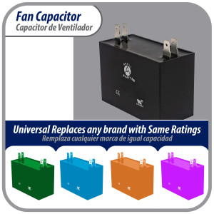 Appli Parts Fan Capacitor 2 mfd (microfarads) uf 450 VAC with 4 Terminal Connections compatible with any brand within the same range of capacitance 1-1/2in Width 5/8in depth 1-3/8in Height CAP-2-450