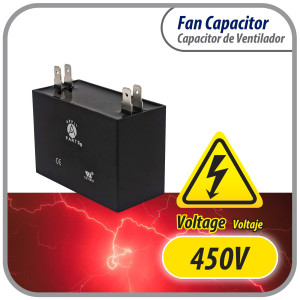 Appli Parts Fan Capacitor 2 mfd (microfarads) uf 450 VAC with 4 Terminal Connections compatible with any brand within the same range of capacitance 1-1/2in Width 5/8in depth 1-3/8in Height CAP-2-450
