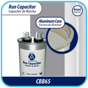 Appli Parts Condensador Capacitor de Marcha 10 Mfd uF (microfaradios) 370VAC o 450VAC CBB65 Universal Aire acondicionado y otras aplicaciones Redondo UL E476928 7.5cm Alto 3.7cm Ancho CON-10-450