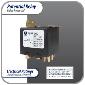Appli Parts APPR-069 Relay Potencial 069, Voltaje de Bobina 332 V, Recogida Minima 180 V, Recogida Maxima 193 V, Caida Maxima 105 V, 50/60Hz Remplazo universal para unidades de refrigeracion y aire acondicionado