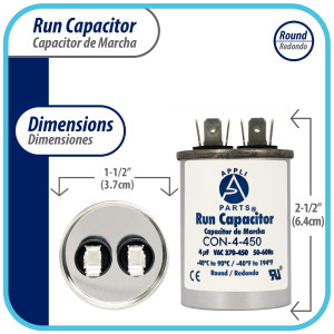 Appli Parts Run Capacitor for ac 4 Mfd uF (microfarads) 370 VAC or 450 VAC CBB65 Round Universal fit for hvac and other applications 2-1/2 in High 1-1/2 in Wide CON-4-450