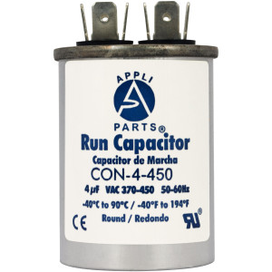 Appli Parts Run Capacitor for ac 4 Mfd uF (microfarads) 370 VAC or 450 VAC CBB65 Round Universal fit for hvac and other applications 2-1/2 in High 1-1/2 in Wide CON-4-450
