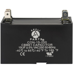 Appli Parts Fan Capacitor 15 mfd (microfarads) uf 250 VAC with 4 Terminal Connections compatible with any brand within the same range of capacitance 2-1/4in Width 7/8in Depth 1-3/4in Height CAP-15-250