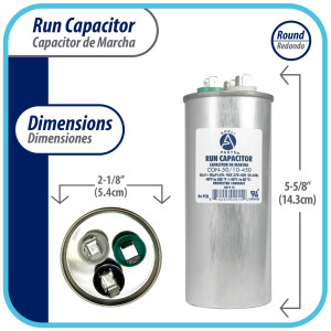 Appli Parts Condensador Capacitor de Marcha 50+10 Mfd uF (microfaradios) 370VAC o 450VAC CBB65 Universal Aire acondicionado y aplicaciones Redondo UL E476928 14.3cm Alto 5.4cm Ancho CON-50/10-450 