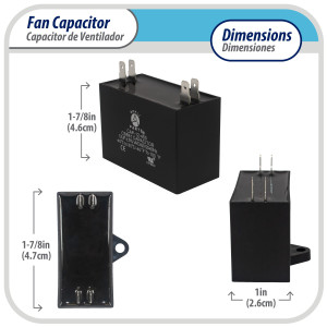 Appli Parts Condensador Capacitor de ventilador 8 mfd (microfaradios) uf 450VAC con conectores compatible con cualquier marca de igual capacitancia 4.7cm Ancho 2.6cm Prof 4.6cm Alto CAP-8-450 
