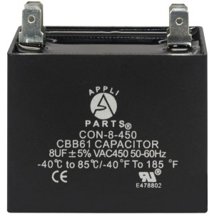 Appli Parts Fan Capacitor 8 mfd (microfarads) uf 450 VAC 4 Terminal Connections compatible with any brand within the same range of capacitance 1-7/8in Width 1in Depth 1-7/8in Height CAP-8-450