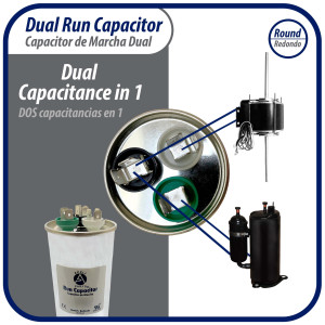 Appli Parts Dual Run Capacitor for ac 55+7.5 Mfd uF (microfarads) 370VAC or 450VAC CBB65 Round Universal fit for hvac and other applications 5-1/4 in High 2 in Wide CON-55/7.5-450