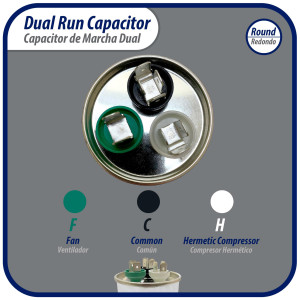 Appli Parts Dual Run Capacitor for ac 55+7.5 Mfd uF (microfarads) 370VAC or 450VAC CBB65 Round Universal fit for hvac and other applications 5-1/4 in High 2 in Wide CON-55/7.5-450