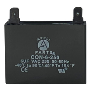 Appli Parts Fan Capacitor 6 mfd (microfarads) uf 250 VAC 4 Terminal Connections compatible with any brand within the same range of capacitance 1-7/8in Width 3/4in Depth 1-3/4in Height CAP-6-250