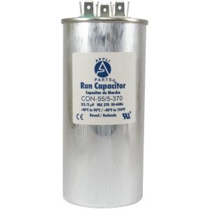 Appli Parts Dual Run Capacitor for ac 55+5 Mfd uF (microfarads) 370VAC CBB65 Round Universal fit for hvac and other applications UL E476928 2-1/8in Wide 5-1/8 Height CON-55/5-370-R  
