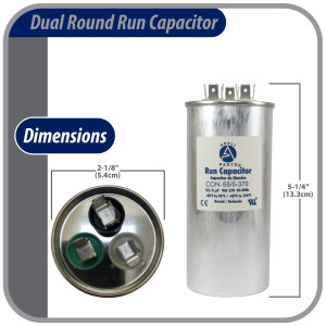 Appli Parts Dual Run Capacitor for ac 55+5 Mfd uF (microfarads) 370VAC CBB65 Round Universal fit for hvac and other applications UL E476928 2-1/8in Wide 5-1/8 Height CON-55/5-370-R
 Appli Parts Dual Run Capacitor for ac 55+5 Mfd uF (microfarads) 370VAC CBB65 Round Universal fit for hvac and other applications UL E476928 2-1/8in Wide 5-1/8 Height CON-55/5-370-R