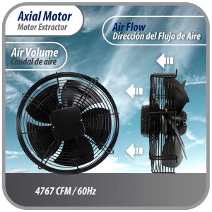 Appli Parts AXF-550 Extractor Axial 550 mm (21-5/8 pulg) 220 V, 1 ph, 60 Hz, 725W 1400 rpm, Rango Temperatura -30 C a 60 C, incluye aspa y base tipo jaula