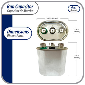 Appli Parts Dual Run Capacitor for ac 30+5 Mfd uF (microfarads) 370VAC CBB65 Oval Universal fit for hvac and other applications 1-3/4 in. Wide 2-3/4 in. Depth 3-1/2 in. Height CON-30/5-370 Appli Parts Dual Run Capacitor for ac 30+5 Mfd uF (microfarads) 370VAC CBB65 Oval Universal fit for hvac and other applications 1-3/4 in. Wide 2-3/4 in. Depth 3-1/2 in. Height CON-30/5-370