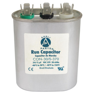 Appli Parts Dual Run Capacitor for ac 30+5 Mfd uF (microfarads) 370VAC CBB65 Oval Universal fit for hvac and other applications 1-3/4 in. Wide 2-3/4 in. Depth 3-1/2 in. Height CON-30/5-370 Appli Parts Dual Run Capacitor for ac 30+5 Mfd uF (microfarads) 370VAC CBB65 Oval Universal fit for hvac and other applications 1-3/4 in. Wide 2-3/4 in. Depth 3-1/2 in. Height CON-30/5-370