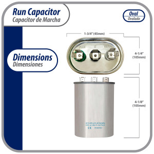 Appli Parts Dual Run Capacitor for ac 25+5 Mfd uF (microfarads) 370VAC CBB65 Oval Universal fit for hvac and other applications 2-3/4 in Wide 1-3/4 in Depth 4-1/8 Height CON-25/5-370