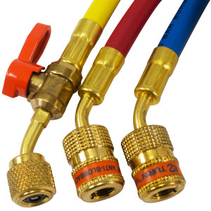 Uniweld EZ3HS Juego Mangueras Manometro 3 Mangueras 3pies de largo Azul y Rojo con EZ-Turn Amarilla con Valvula de bola CFC/HCFC/HFC R410 Anti-Blowback Soft Magic