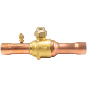 Appli Parts APBV-138 Valvula de Cierre 1-3/8 in tipo Bola de conexion soldable con puerto de servicio SAE de 1/4 in, presion maxima de trabajo 610 psi temperaturas de -30C a 120C longitud total 256mm