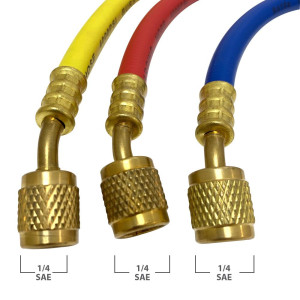 Appli Parts APMG-A3B36S R134, R22, R404, R410 Manifold Gauge Set, Brass Body with Sight-glass, Includes 36 in long 1/4 in SAE Hose Set, Pressure psi, Temperature Fahrenheit Scales