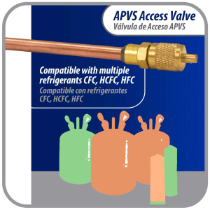 Appli Parts Valvula de acceso de 1/4 SAE x 3/16 pulg OD x con vastago de cobre de 8cm de largo con nucleo y tapa de laton con removedor de nucleo y empacadura APVS-143163