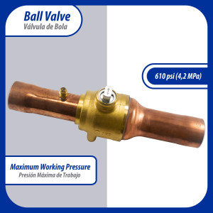Appli Parts APBV-158 Valvula de Cierre 1-5/8 in tipo Bola de conexion soldable con puerto de servicio SAE de 1/4 in, presion maxima de trabajo 610 psi temperaturas de -30C a 120C longitud total 288mm
