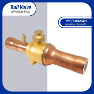 Appli Parts APBV-158 Valvula de Cierre 1-5/8 in tipo Bola de conexion soldable con puerto de servicio SAE de 1/4 in, presion maxima de trabajo 610 psi temperaturas de -30C a 120C longitud total 288mm