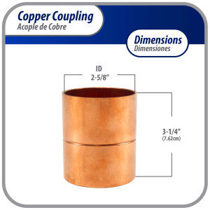 Appli Parts AP-A258 2-5/8 in Wrot Copper Coupling fitting CxC Sweat connections for refrigeration, air conditioning and plumbing applications ACR and Type L copper pipe 