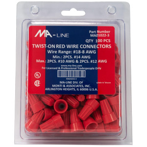 MA-Line MA01022-3 Red Twist on Wire Connector No. 18 through 8 AWG. Bag of 100ea