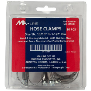 MA-Line MA-5416BX Hose Clamp 11/16in to 1-1/2in Diameter. Size 16. Combo Hex (10 x Bag)