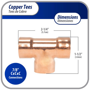 Appli Parts AP-T078 7/8 in Wrot Copper Tee CxCxC connections for refrigeration, air conditioning and plumbing applications ACR and Type L copper pipe Appli Parts AP-T078 7/8 in Wrot Copper Tee CxCxC connections for refrigeration, air conditioning and plumbing applications ACR and Type L copper pipe