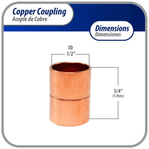 Appli Parts AP-A012B10 1/2 in Wrot Copper Coupling fitting CxC Sweat connections for refrigeration, air conditioning and plumbing applications ACR and Type L copper pipe (10 x Bag)

