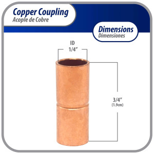 Appli Parts AP-A014 1/4 in Wrot Copper Coupling fitting CxC Sweat connections for refrigeration, air conditioning and plumbing applications ACR and Type L copper pipe Appli Parts AP-A014 1/4 in Wrot Copper Coupling fitting CxC Sweat connections for refrigeration, air conditioning and plumbing applications ACR and Type L copper pipe