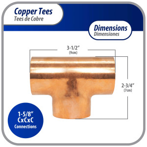 Appli Parts AP-T158 1-5/8 in Wrot Copper Tee CxCxC connections for refrigeration, air conditioning and plumbing applications ACR and Type L copper pipe Appli Parts AP-T158 1-5/8 in Wrot Copper Tee CxCxC connections for refrigeration, air conditioning and plumbing applications ACR and Type L copper pipe