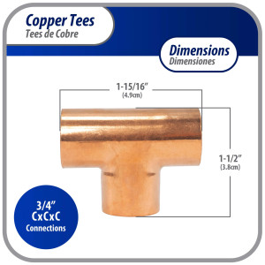 Appli Parts AP-T034 3/4 in Wrot Copper Tee CxCxC connections for refrigeration, air conditioning and plumbing applications ACR and Type L copper pipe Appli Parts AP-T034 3/4 in Wrot Copper Tee CxCxC connections for refrigeration, air conditioning and plumbing applications ACR and Type L copper pipe