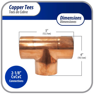 Appli Parts AP-T218 2-1/8 in Wrot Copper Tee CxCxC connections for refrigeration, air conditioning and plumbing applications ACR and Type L copper pipe Appli Parts AP-T218 2-1/8 in Wrot Copper Tee CxCxC connections for refrigeration, air conditioning and plumbing applications ACR and Type L copper pipe