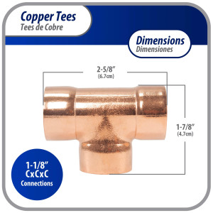 Appli Parts AP-T118B5 1-1/8in Wrot Copper Tee CxCxC connections for refrigeration, air conditioning and plumbing applications ACR and Type L copper pipe (5 x Bag) 