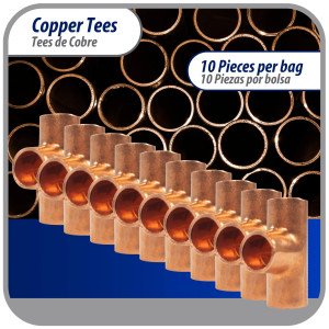 Appli Parts AP-T014B10 1/4in Wrot Copper Tee CxCxC connections for refrigeration, air conditioning and plumbing applications ACR and Type L copper pipe (10 x Bag) 